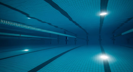 An atmospheric underwater view of a swimming pool with lane lines and glowing lights, showcasing the serene blue depths and reflections from the water's surface.の素材