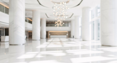 Blurred background of a bright, modern luxury hotel lobby or office building interior with elegant white marble pillars and a sparkling chandelier, perfect for abstract designs.の素材