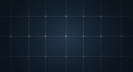 Abstract dark blue background with a subtle grid pattern and glowing golden intersection points, creating a modern and technological aesthetic.の素材