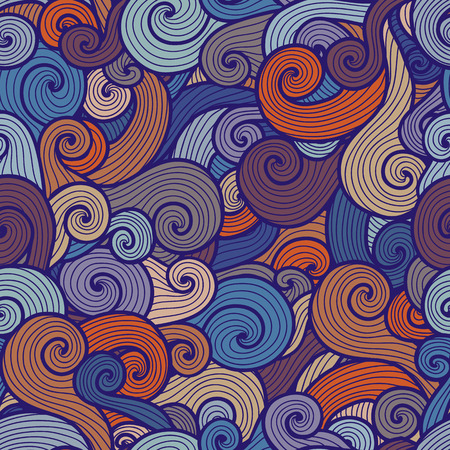 Seamless curly pattern with spiral waves of different colors. Color palette is subdued and pleasing to the eyes.のイラスト素材
