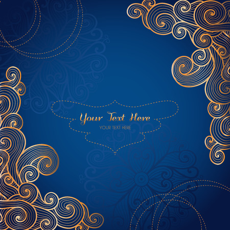Vector card template with swirly gold ornament on dark blue background.のイラスト素材