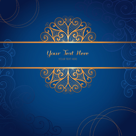 Vector card template with swirly gold ornament on dark blue background.のイラスト素材