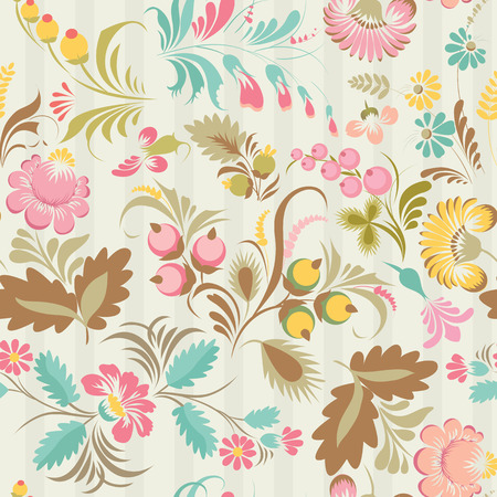 Stock vector seamless pattern with elements of floral ornament in folk style (Ukrainian folk art). Ethnic flowers in soft colors on the light background.のイラスト素材