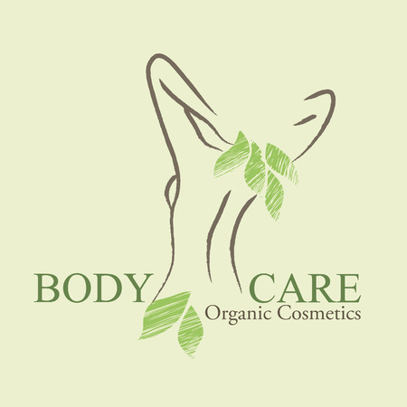 Natural / organic cosmetics emblems. Handdrawn ecodesign with contoured woman's shape and green leavesのイラスト素材