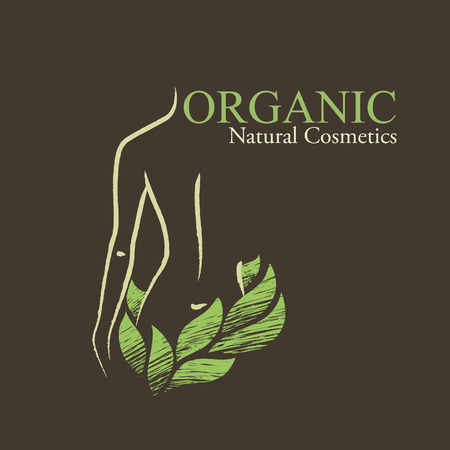 Natural / organic cosmetics emblems. Handdrawn ecodesign with contoured woman's shape and green leavesのイラスト素材