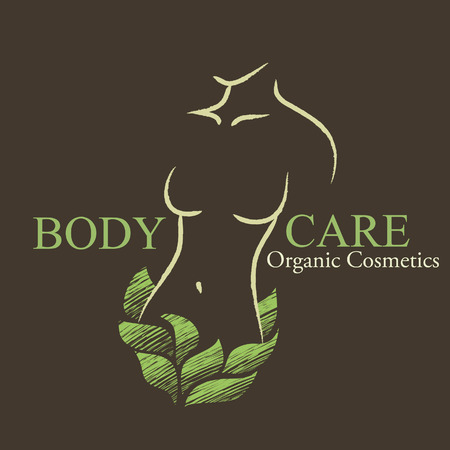 Natural / organic cosmetics emblems. Handdrawn ecodesign with contoured woman's shape and green leavesのイラスト素材