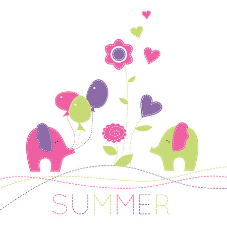 Two enamored baby elephants with colorful baloons and summer flowers. Cute cartoon vector illustration in hand-sewn style with white seams.  Bright fresh colors.のイラスト素材