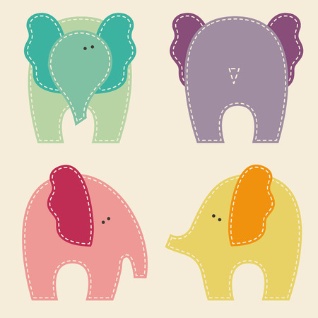Set of cute elephants in different views (front, back, side). Vector illustrationのイラスト素材