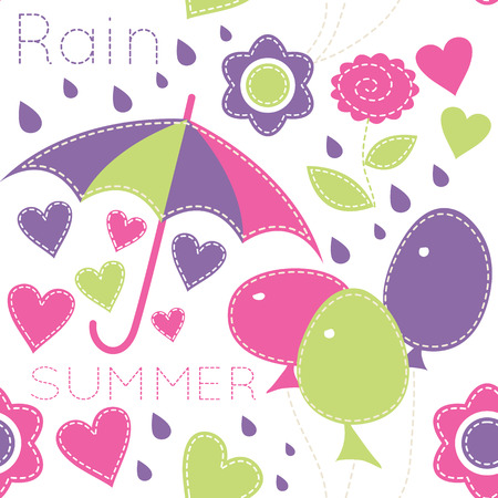 Vector seamless pattern with  balloons and umbrellas decorated by flowers, hearts and summer rain drop. Cartoon childish animals in soft colors on light background. Hand-sewn style with white seamsのイラスト素材
