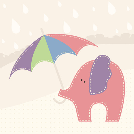 Baby elephant with colorful umbrella in a rainy day. Cute cartoon vector illustration in hand-sewn style with white seams. Soft pastel colors.のイラスト素材