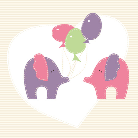Two enamored baby elephants with colorful baloons on the stylized background  with heart. Cute cartoon vector illustration in hand-sewn style with white seams. Soft pastel colors.のイラスト素材