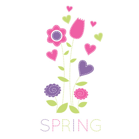 Bouquet of pink and violet spring flowers with hearts in bright fresh colors.Vector illustration in hand-sewn style with white seams.のイラスト素材