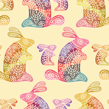 Vector seamless pattern with colorful rabbits. Ornate ethnic styleのイラスト素材