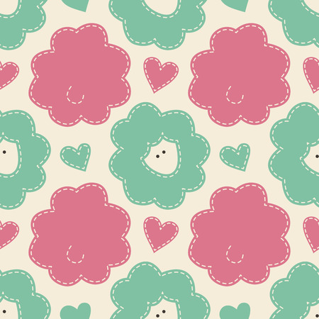 Vector seamless pattern with sheep decorated by hearts.Cartoon childish pattern in soft colors. Handsewn style with light seamsのイラスト素材