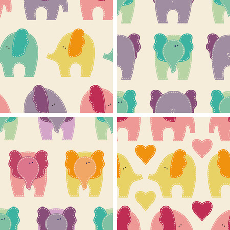 Set of 4 vector seamless pattern with cute elephants in differend views. Softcolored cartoon childish animals on the light background.のイラスト素材