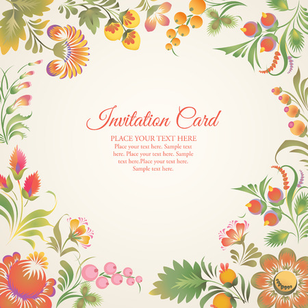 Stock vector frame on light background with floral ornament in folk style Ukrainian folk art. Soft and lovely colors. Template frame design for card. Can be used for packaging invitations Valentine39s Day decoration etcのイラスト素材