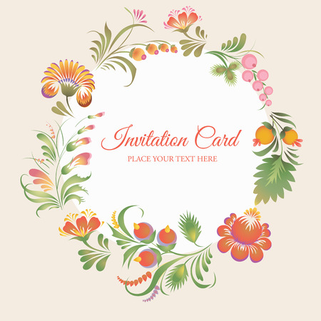 Stock vector frame on light background with floral ornament in folk style Ukrainian folk art. Soft and lovely colors. Template frame design for card. Can be used for packaging invitations Valentine39s Day decoration etcのイラスト素材
