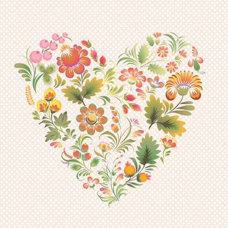 Vector love heart in style of Petrykivka painting Ukrainian folk art. Ethnic flowers in soft colors on the light background. Can be used for packaging invitations Valentine39s Day decoration etc.のイラスト素材