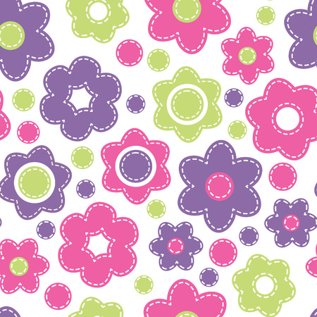 Vector seamless pattern with bright flowers.Cartoon childish texture in fresh colors (pink, violet, green) on a white background. Hand-sewn style with white seamsの写真素材