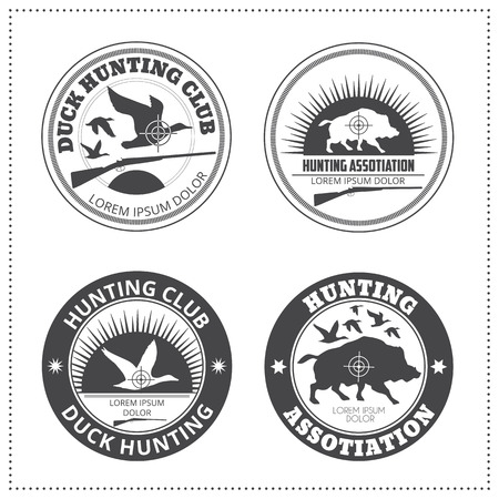 Set of vector hunting club emblems with a wild hog / wild duck silhouette. Black monochrome labels on a white background (isolated). Editable colorsの写真素材