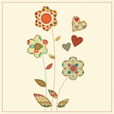 Flower bouquet decorated by hearts. Cute cartoon vector illustration in a patchwork style with dark seams. Desaturated vintage colors.の写真素材