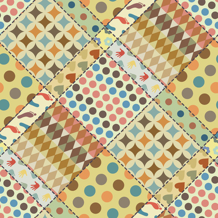 Patchwork background (seamless texture) with different patterns. Muted vintage colors. Can be used as an imitation of  patchwork cloth for packaging, decoration etc.の写真素材