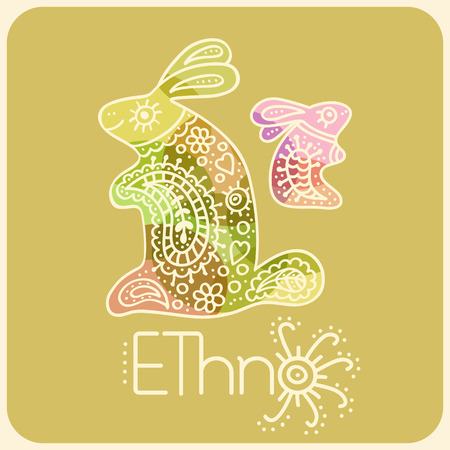 Colorful mother rabbit with their little child. Vector illustration in primitive ethnic style. Soft palette of natural tints(green and brown).Doodle artの写真素材