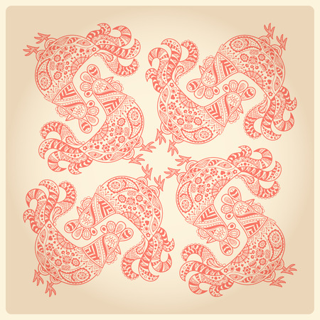 Colorful roosters in ornate ethnic style. Hand drawn vector ornament.  Square doodling design. Soft lovely palette (red, tan).の写真素材