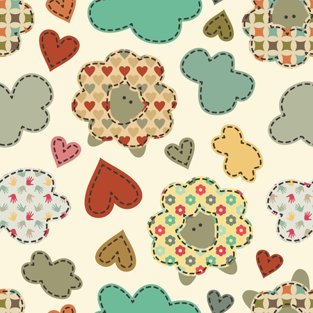 Vector seamless pattern with sheep decorated by hearts and clouds.Cute cartoon childish pattern in a patchwork style with dark seams. Soft vintage colors.の写真素材