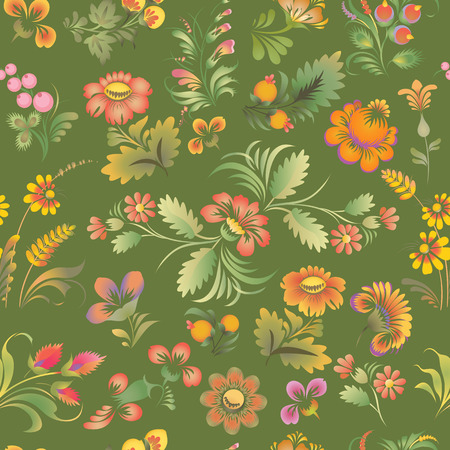 Stock vector seamless pattern with elements of floral ornament in folk style (Ukrainian folk art). Ethnic flowers in soft colors on a green background.の写真素材