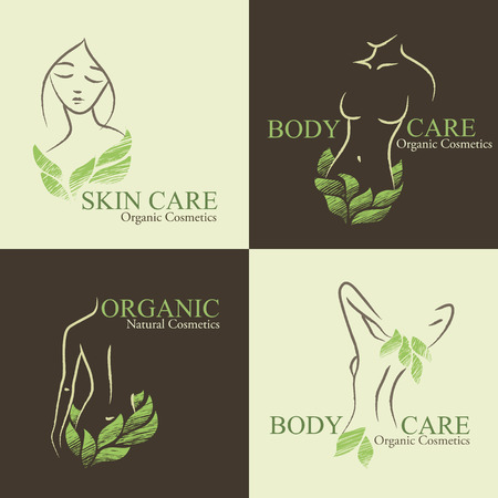 Set of four natural / organic cosmetics emblems. Handdrawn ecodesign with contoured woman's shape and face decorated by green leavesの写真素材