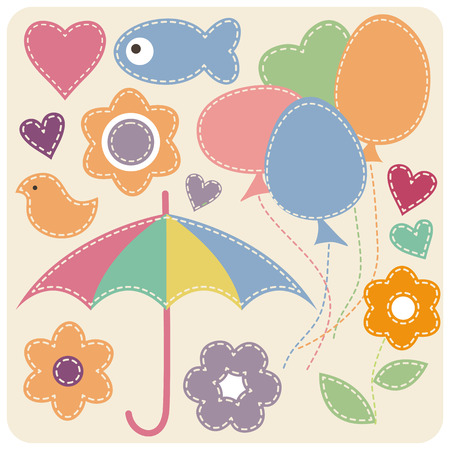 Set of design elements for babies. Stylized applique with white seams. Vector illustration.のイラスト素材