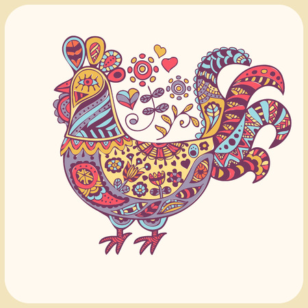 Colorful rooster in ornate ethnic style. Hand drawn vector illustration with a cute doodling design. Soft lovely palette (violet, blue, yellow, pink).のイラスト素材