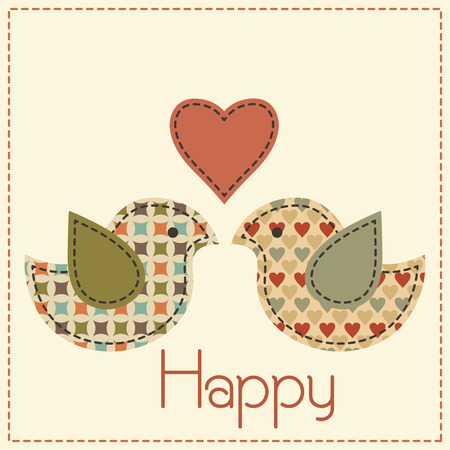Two enamored birds with a heart. Cute cartoon vector illustration in a patchwork style with dark seams. Desaturated vintage colors.のイラスト素材