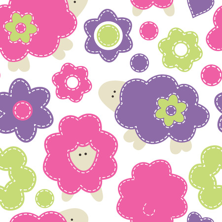 Vector seamless pattern with cute seep decorated by flowers.Cartoon childish pattern in bright fresh colors on white background. Hand-sewn style with white seamsのイラスト素材