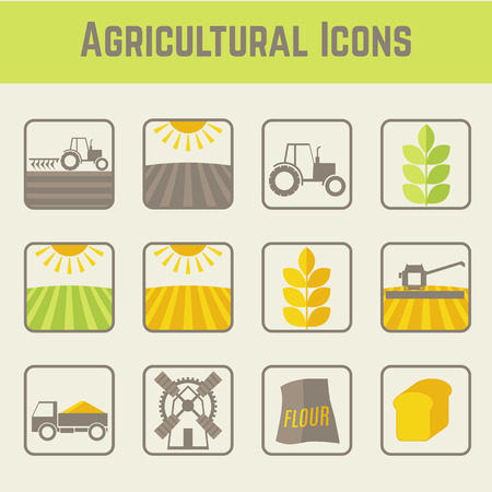 Set of agricultural and farming icons (stages of cereal cultivation) . Minimalistic (flat) style elements. Soft colors 
(light green, yellow and brown).のイラスト素材