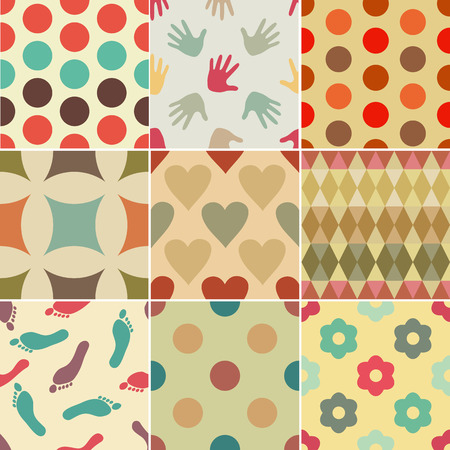 Set of nine abstract seamless patterns (dots, flowers, hearts, footprints, palms and geometric ornaments). Warm vintage colors (with a swatch). Endless texture can be used for wallpaper, fill, web background, wrapping, packaging etc.のイラスト素材