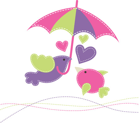 Two baby birds with a colorful umbrella. Cute cartoon vector illustration in hand-sewn style with white seams.  Bright fresh colors.のイラスト素材