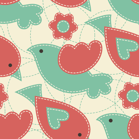 Vector seamless pattern with birds decorated by flowers and dashed rings.Cute cartoon childish pattern with light seams. Soft desaturated colors (red, turquoise).のイラスト素材