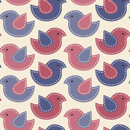 Vector seamless pattern -  little birds with light seams. Cute cartoon childish pattern. Soft desaturated colors (red, blue and light background)のイラスト素材