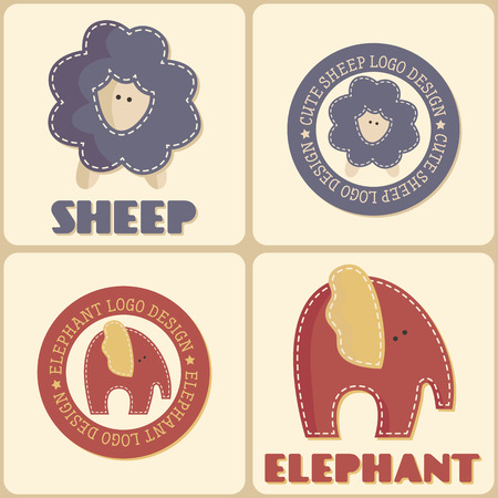 Set of four cute animal labels (round emblems and images with a text). Vector illustration in muted vintage colorsのイラスト素材