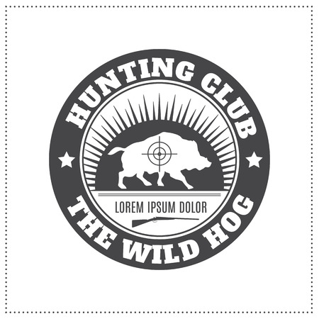 Vector hunting club emblem with a wild hog silhouette. Black monochrome label on a white background (isolated). Editable colorsのイラスト素材
