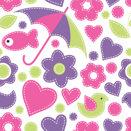 Vector seamless pattern with fish, umbrellas, birds, flowers and hearts.Cartoon childish texture in bright fresh colors on a white background. Hand-sewn style with white seamsのイラスト素材