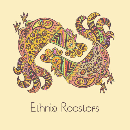 Colorful roosters in ornate ethnic style. Hand drawn vector illustration with a cute doodling design. Soft lovely palette.のイラスト素材