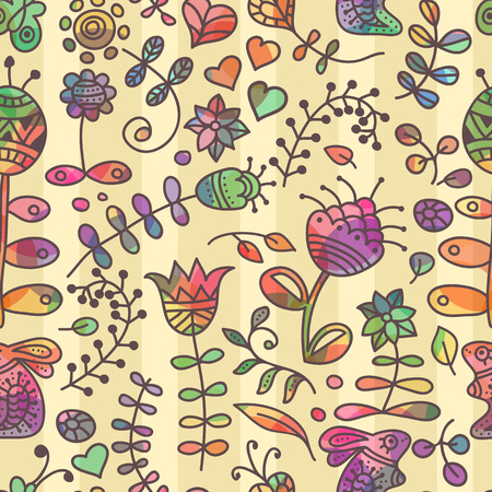 Vector seamless pattern with floral doodling design. Hand drawn flowers and branches. Cute background in primitive ethnic style. Bright colorsのイラスト素材