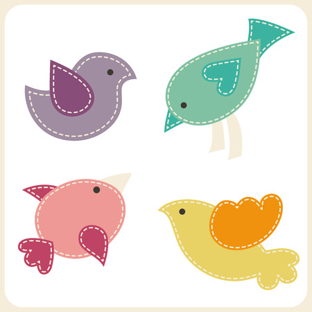 Set of cute birds. Stylized applique with white seams. Childish vector design elementsのイラスト素材