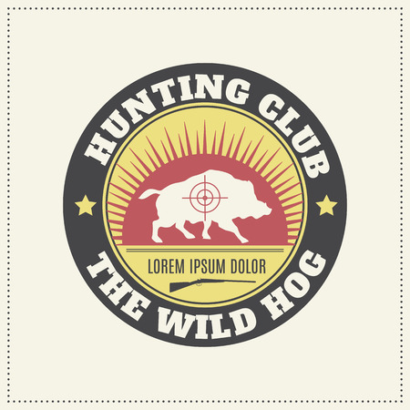 Vector hunting club emblem with a wild hog silhouette.  Desaturated vintage colors (red, yellow, black).のイラスト素材