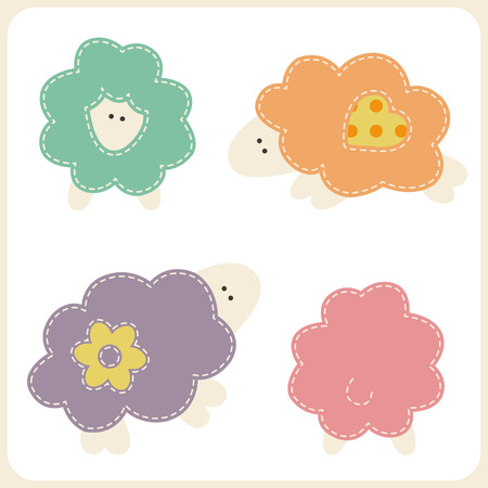 Set of cute sheep in different views (front, back, side). Stylized applique with white seams. Childish vector design elementsのイラスト素材
