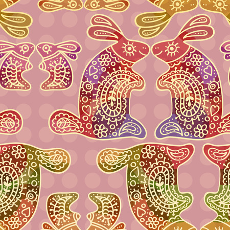 Vector seamless  repeating ornament with colorful rabbits. Ornate ethnic styleのイラスト素材