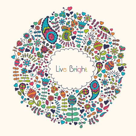 Vector card template (frame) in ornate ethnic style (doodle art) with a sample text. Bright and contrast colors on a light tan background. Can be used for packaging, invitations, decoration etcのイラスト素材